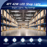 hykolity 4 Pack Linkable LED Shop Light, 4FT 42W [250W Equivalent], 4400lm, 5000K Daylight, with Plug, Utility Light Fixture, Hanging or Surface Mount, White