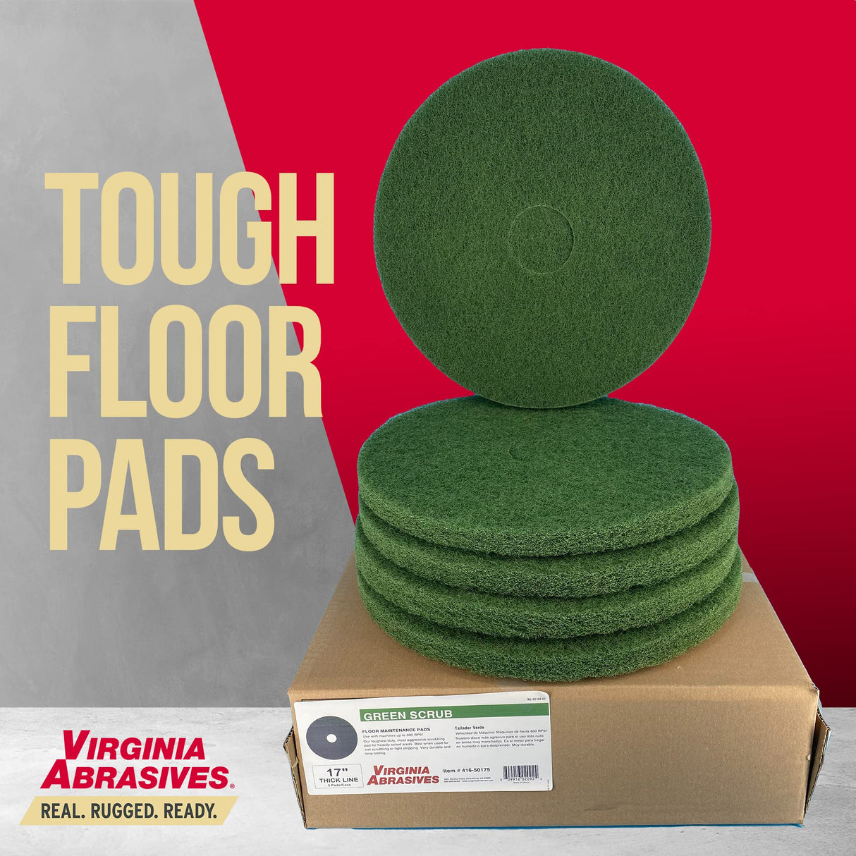 Virginia Abrasives Green Floor Maintenance Pads, Heavy Duty Non-Woven Scrub Pads for Floor Scrubber Machine & Orbital Machines, Deep Cleaning & Light Stripping for Heavily Soiled Floors, 20" - 5 Pack