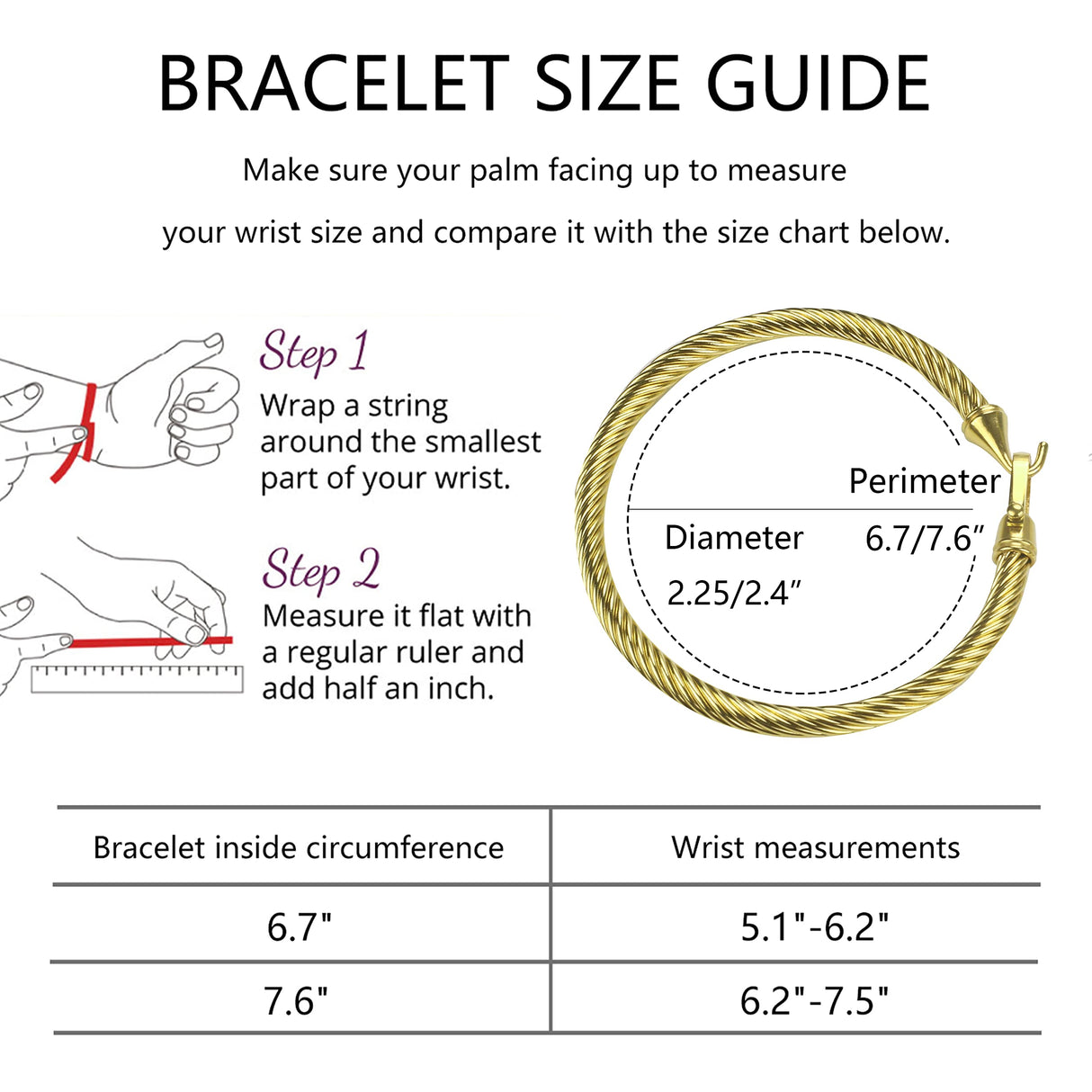 HX SHARE Twisted Cable Bracelet Stylish Fine Stainless Steel Cable Cuff Bracelet with Hook Clasp Bracelets Jewelry for Women 18K Gold （7.6"）