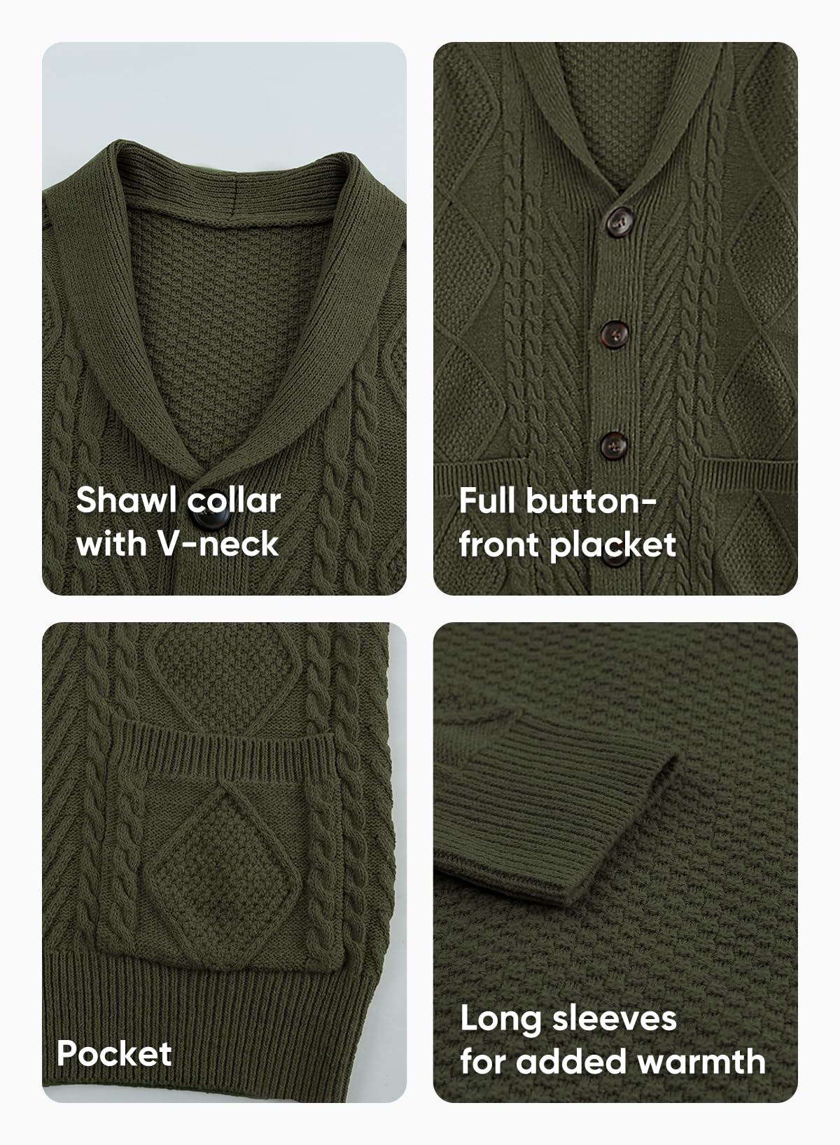 JMIERR Cardigan Sweaters for Men Fall Fashion 2025 Casual Long Sleeve Shawl Collar Button-Down Wool Blend Cable Knit Essentials Fisherman Christmas Sweater with Pockets,L,Green