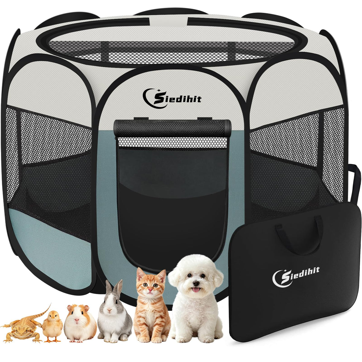 Siedihit Dog Cat Playpen, Puppy Pet Playpen Indoor for Small Dog Crate Tent Cage Outdoor, Portable Pop Up Dogs Enclosure Kennel with Carrying Case for Dogs/Cats/Rabbits(Grey, Small