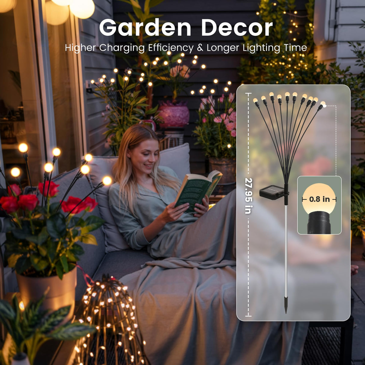 PATIOPIA Solar Garden Lights, LED Swaying Solar Lights Outdoor Waterproof, Warm White Firefly Outdoor Decorative Lights, Garden Decor, Yard, Patio, Pathway Decoration Gardening Gifts (4 Pack)
