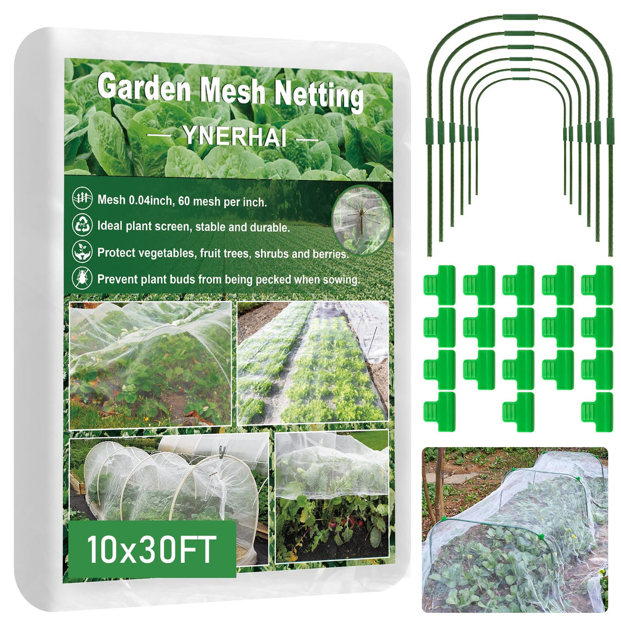 Garden Mesh Netting Kit, 10 * 30FT Ultra Fine Plant Netting Covers with 6 Pcs Garden Hoops & 18 Clips, Row Cover Net Protection for Tree Fruit Barrier Vegetable Fruits Flowers Shrubs Plant Covers Net
