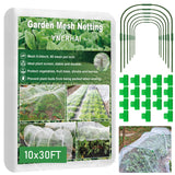 Garden Mesh Netting Kit, 10 * 30FT Ultra Fine Plant Netting Covers with 6 Pcs Garden Hoops & 18 Clips, Row Cover Net Protection for Tree Fruit Barrier Vegetable Fruits Flowers Shrubs Plant Covers Net