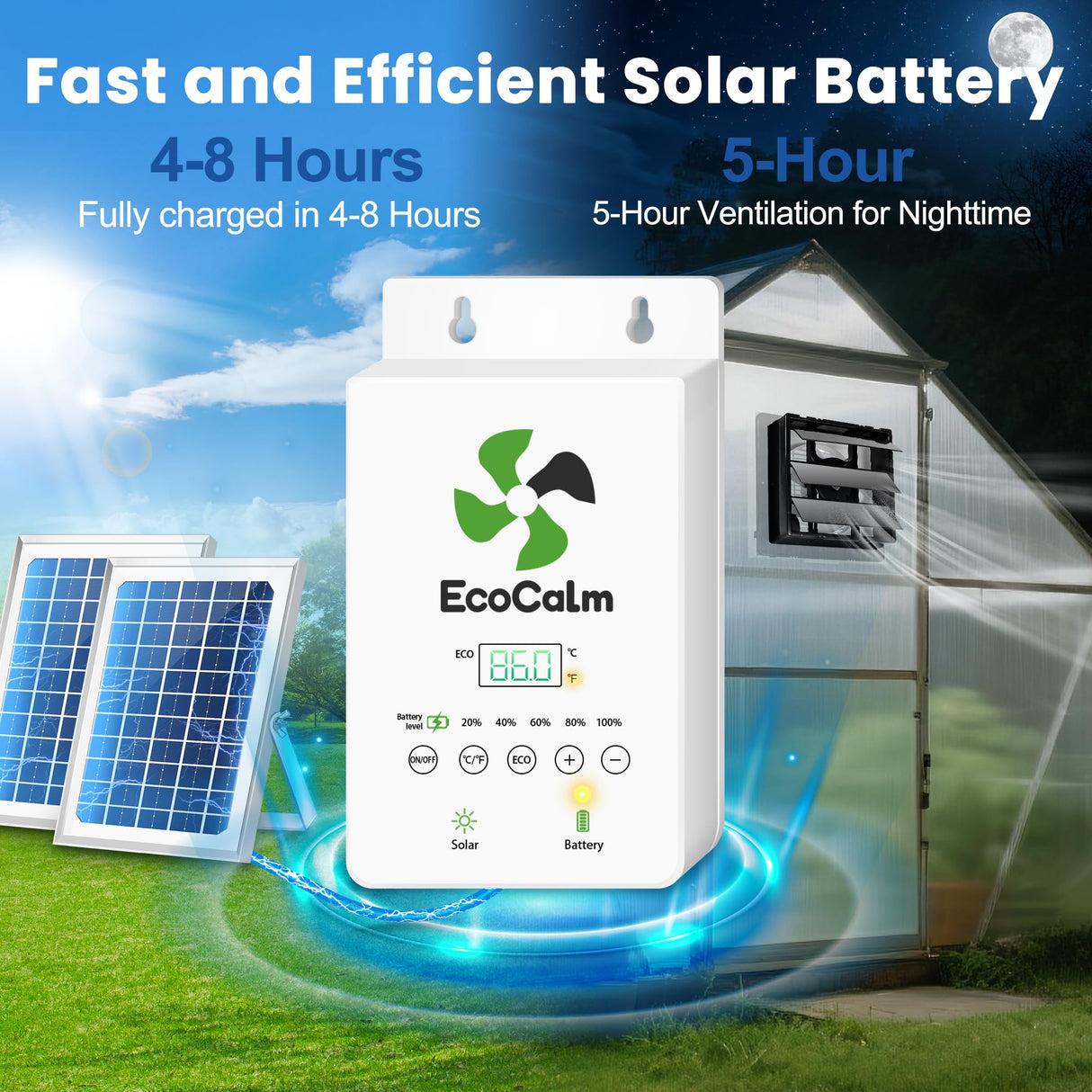 ecoCalm Solar Fan 10" with Smart Thermostat and Battery for Greenhouse