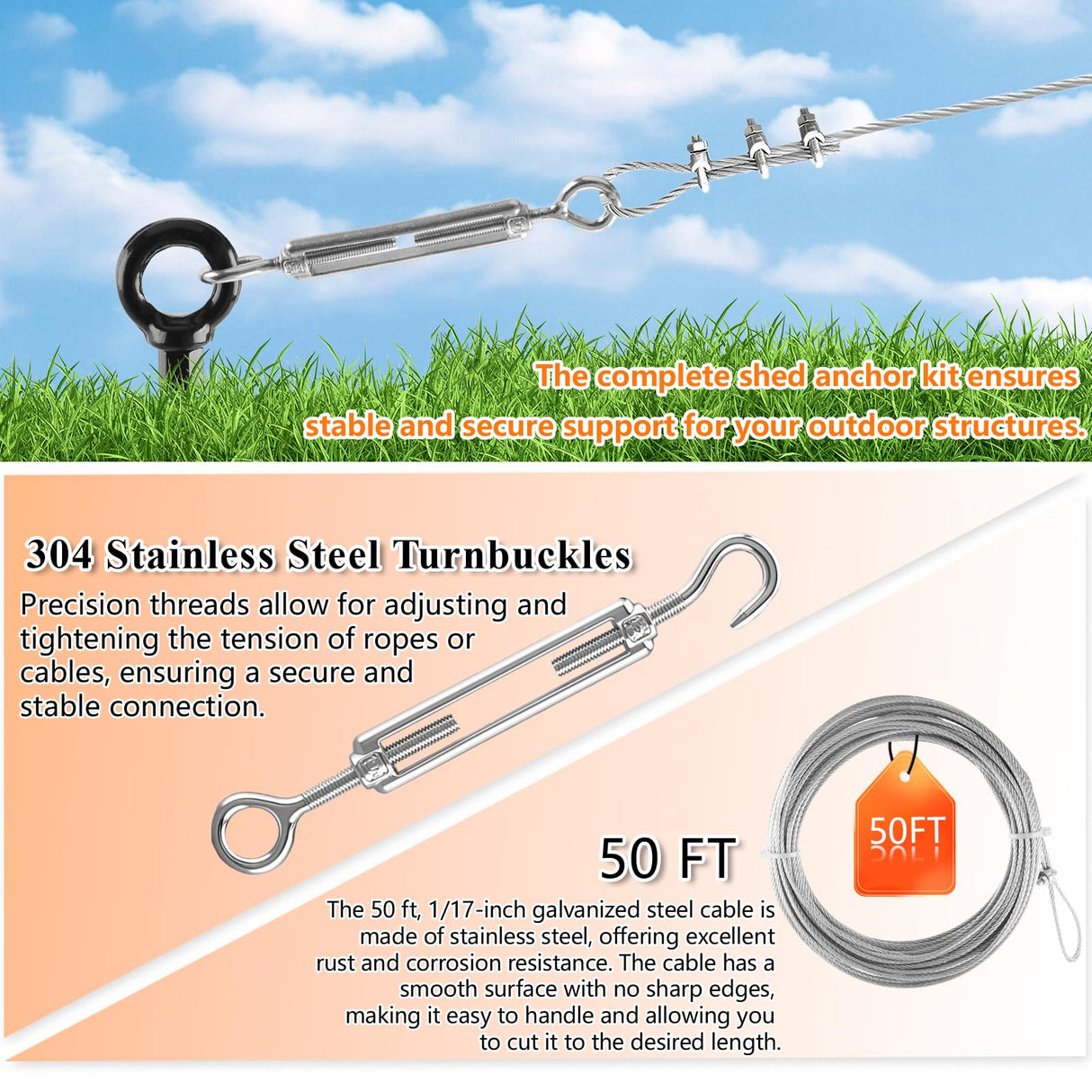 Fabulas 4 Pack 18" Ground Anchors Shed Anchor Kit with 50ft Galvanized Cable & 4 Pack Turnbuckles, Heavy Duty Ground Anchor Screw in Spiral Auger Earth Stakes for Shed Trampoline Swing Set Mobile Home