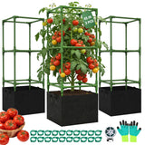 Uyittour 3 Pack Square Tomato Cages with Grow Bags, 45" Heavy Duty Square Tomato Trellis Plant Support for Raised Garden Bed Climbing Vegetables, Set with Garden Gloves, 20 Clips & 65FT Tie Wire