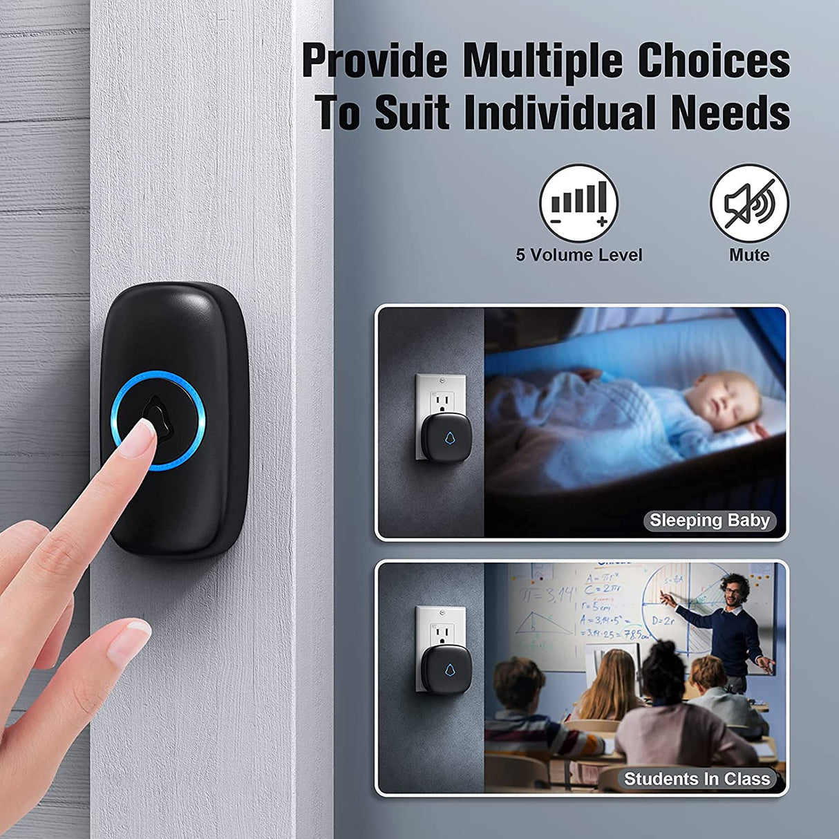 SECRUI Wireless Doorbell with 3Receivers 2 Push Buttons, Easy installation, Adjustable Volume, 58 Chimes, Colorful LED, 1000Ft Range, M520+F55, Black
