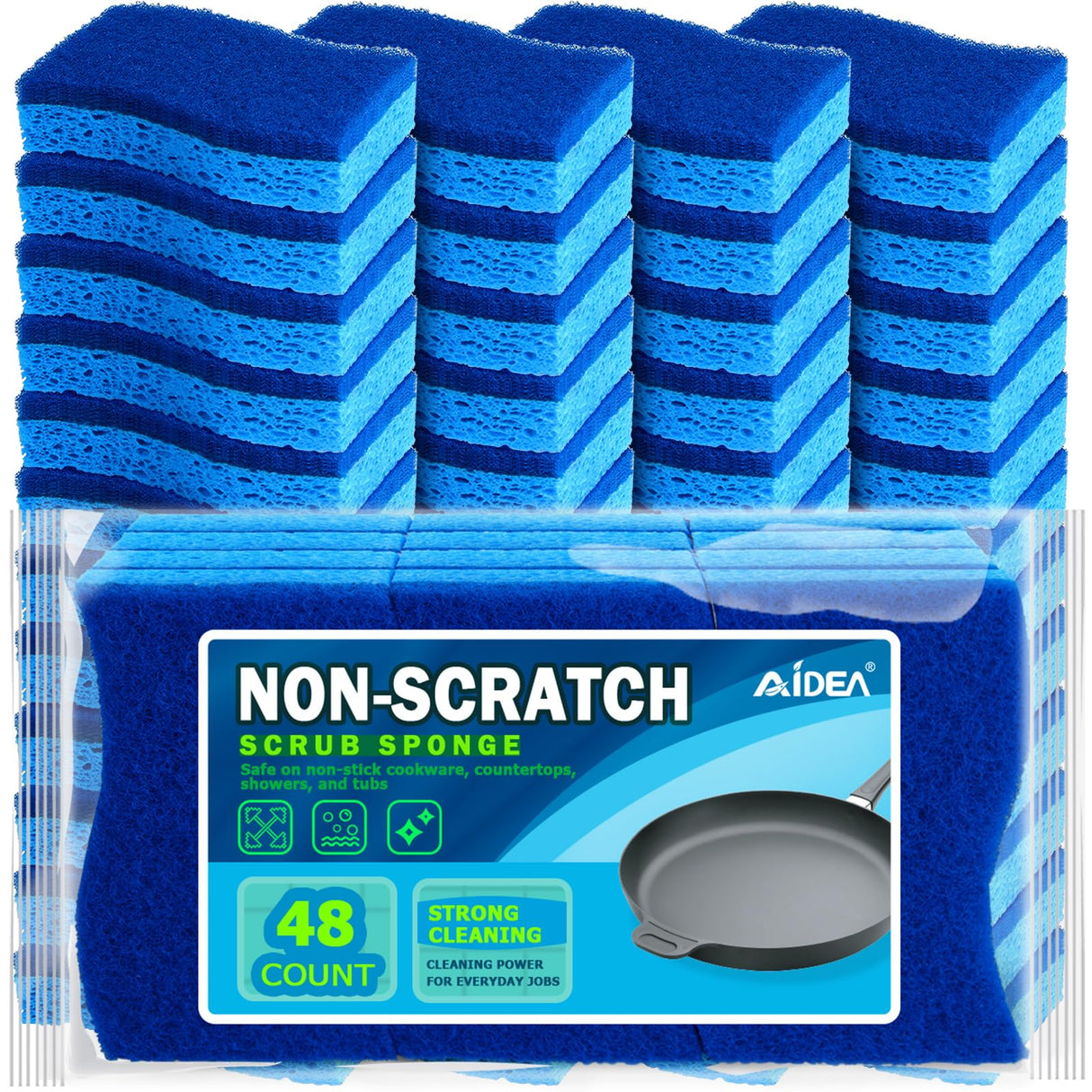 AIDEA Non-Scratch Scrub Sponge, 48Count, Sponges for Dishes, Sponges Kitchen, Cleaning Sponge, Cleans Fast Without Scratching, Stands Up to Stuck-on Grime, Cleaning Power for Everyday Jobs