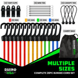 Rhino USA Bungee Cords with Hooks 28Pc Heavy Duty Outdoor Bungee Straps with Small, Short and Long Sizes - 4 Free Tarp Clips, Drawstring Bag, Canopy Ties & Ball Bungie - UV & Weather Resistant