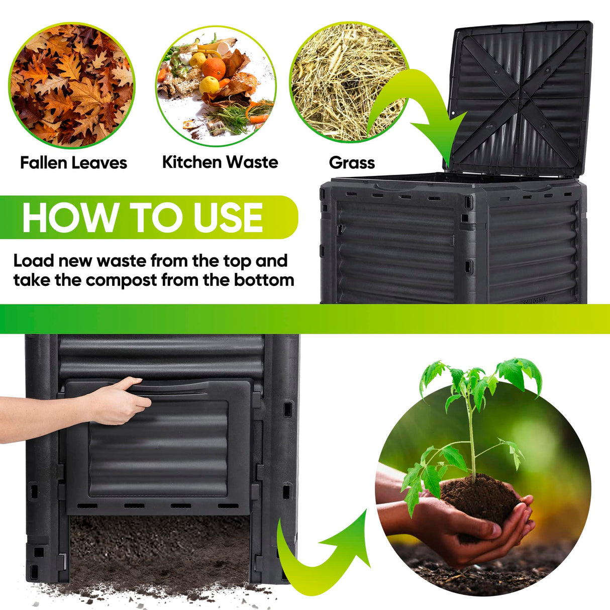 F2C Compost Bin 80 Gallon,Includes Gloves, Large Compost Bin w/Top Flip Latch-on Lid, Bottom Exit Door Aerating Outdoor Garden Compost Box,BPA Free Material for Backyard Outdoor, Black