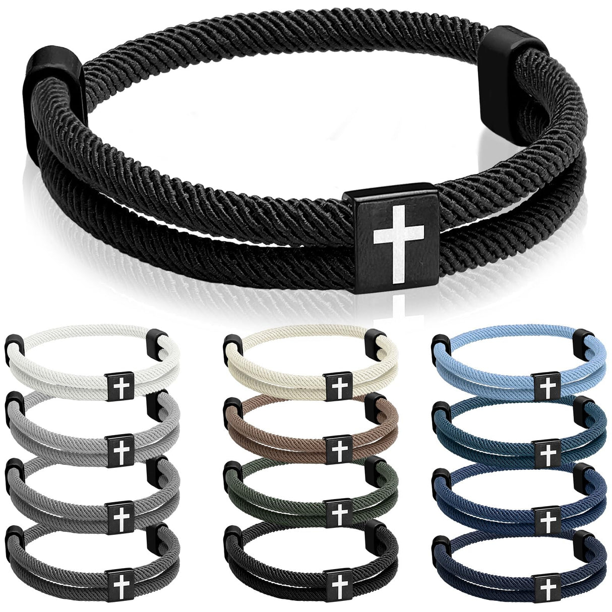 Landical 12 Pcs Braided Cross Bracelet for Men Women Christian Adjustable Rope Jesus Bracelets with Metal Knot Christian Baptism Gifts