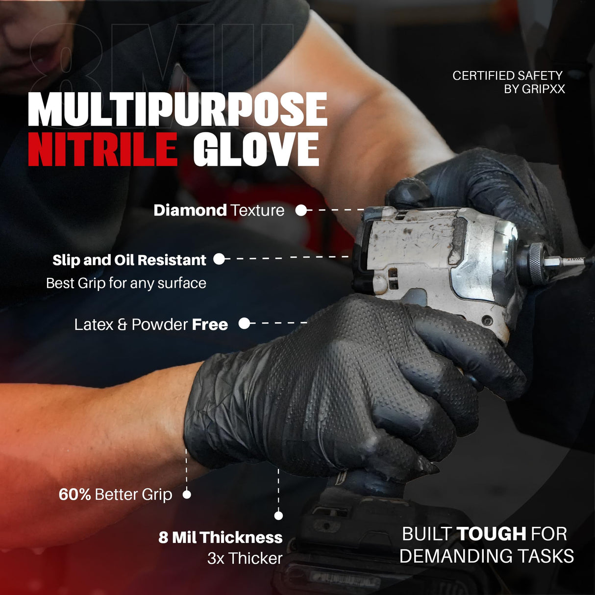 GRIPXX Herkules Grip Heavy Duty 8Mil Black Nitrile Gloves,3D Raised Diamond Texture-Latex & Powder-Free-Industrial, Mechanic (1000, X-Large)