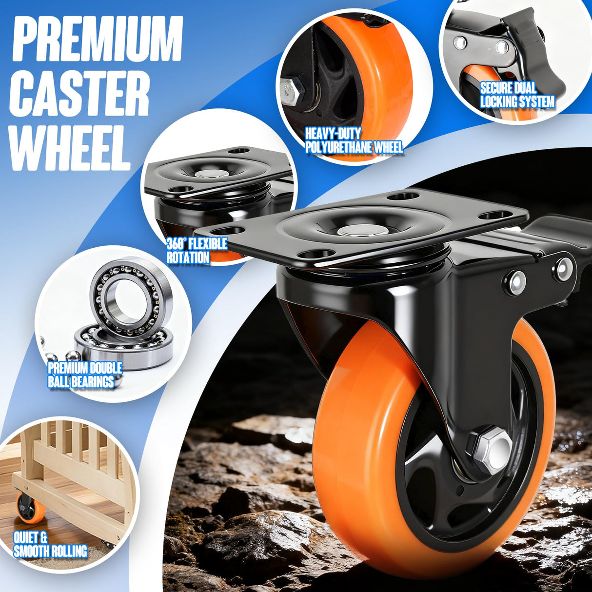 Caster Wheels, 4 Inch Caster Set of 4, Dual Locking PU Casters 2400LB, Swivel Casters for Furniture, Workbench & Tool Cart – Quiet, Floor Safe, Smooth Rolling