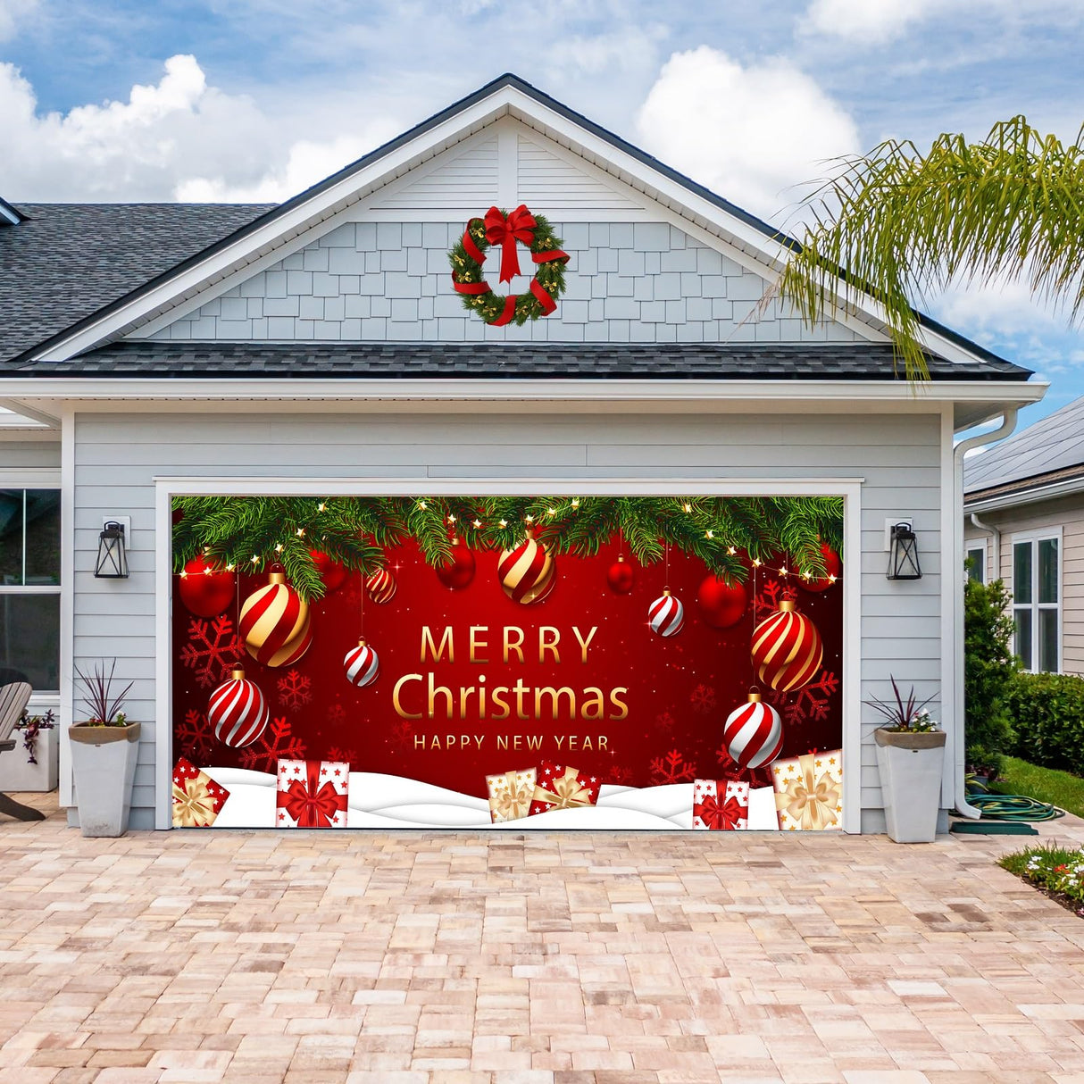 COSEVIER Christmas Garage Door Cover Banner, Red Festival Large Hanging Backdrop Door Banner, Merry Christmas Happy New Year Xmas Garage Wall Decorations for Holiday Party Décor, 7x16 FT
