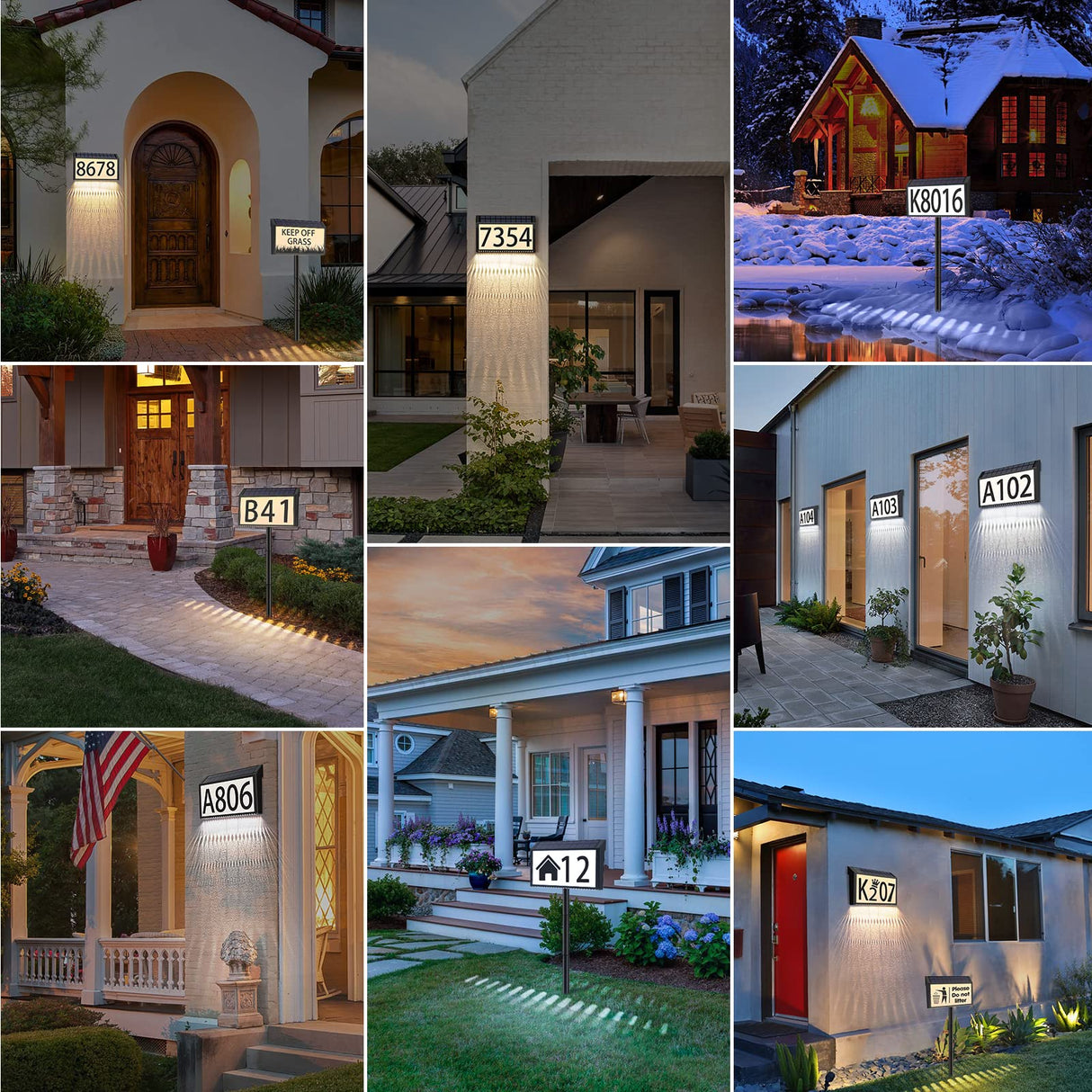 MAXvolador Solar Powered Address Sign House Numbers Waterproof, 3-Color Lighting Modes LED Illuminated Address Plaque with Stakes, Outdoor Address Number