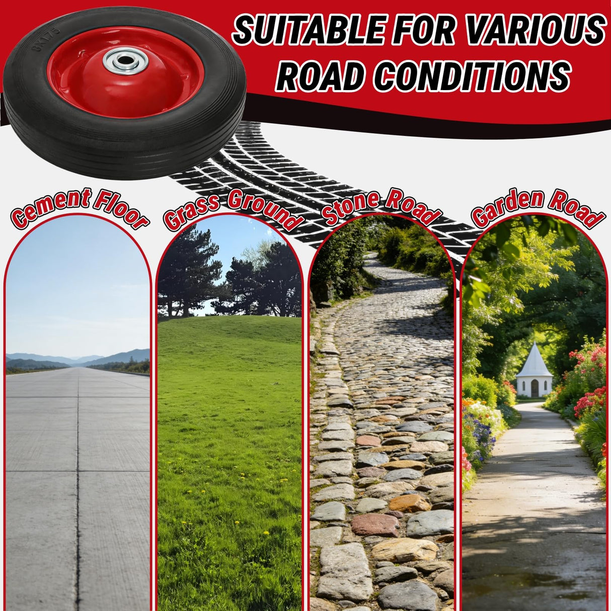Acshio 8 Inch Solid Rubber Tires with 1/2-Inch Bore Axle Hole, 4 Pack