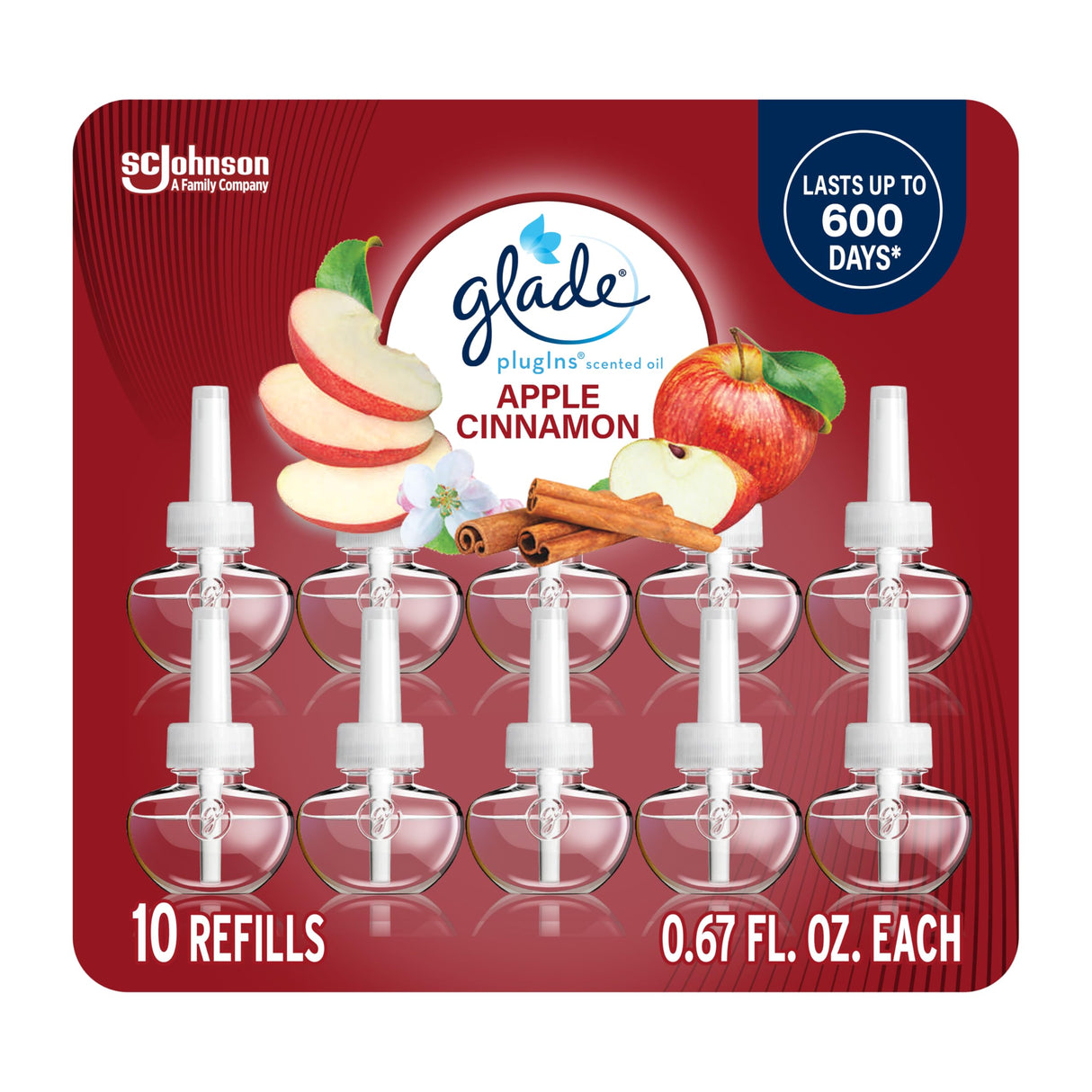 Glade PlugIns Refills Air Freshener, Scented and Essential Oils for Home and Bathroom, Apple Cinnamon, 6.7 Fl Oz, 10 Count (Packaging May Vary)