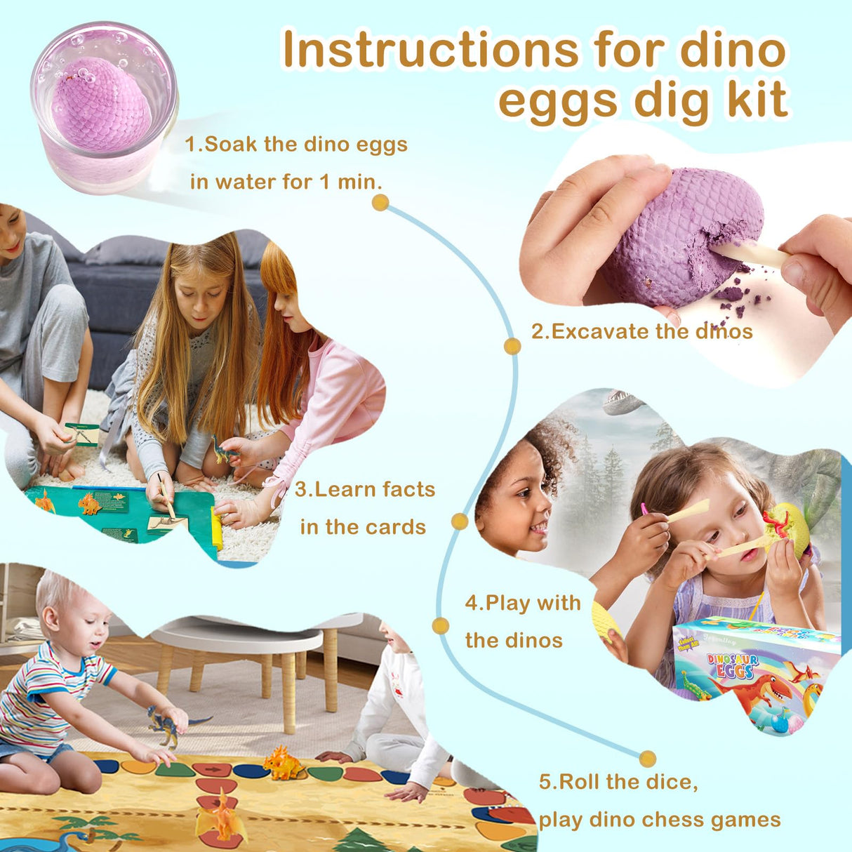 Dino Fossil Eggs Dinosaur Toys - 12 Dinosaur Eggs Dig Excavation Kit w Play Mat for Kids Ages 5-7 Easter Basket Essentials STEM Toy Christmas Birthday Gift for Boys Girls 3 4 5 6 7 8 + 8-13 Years Old