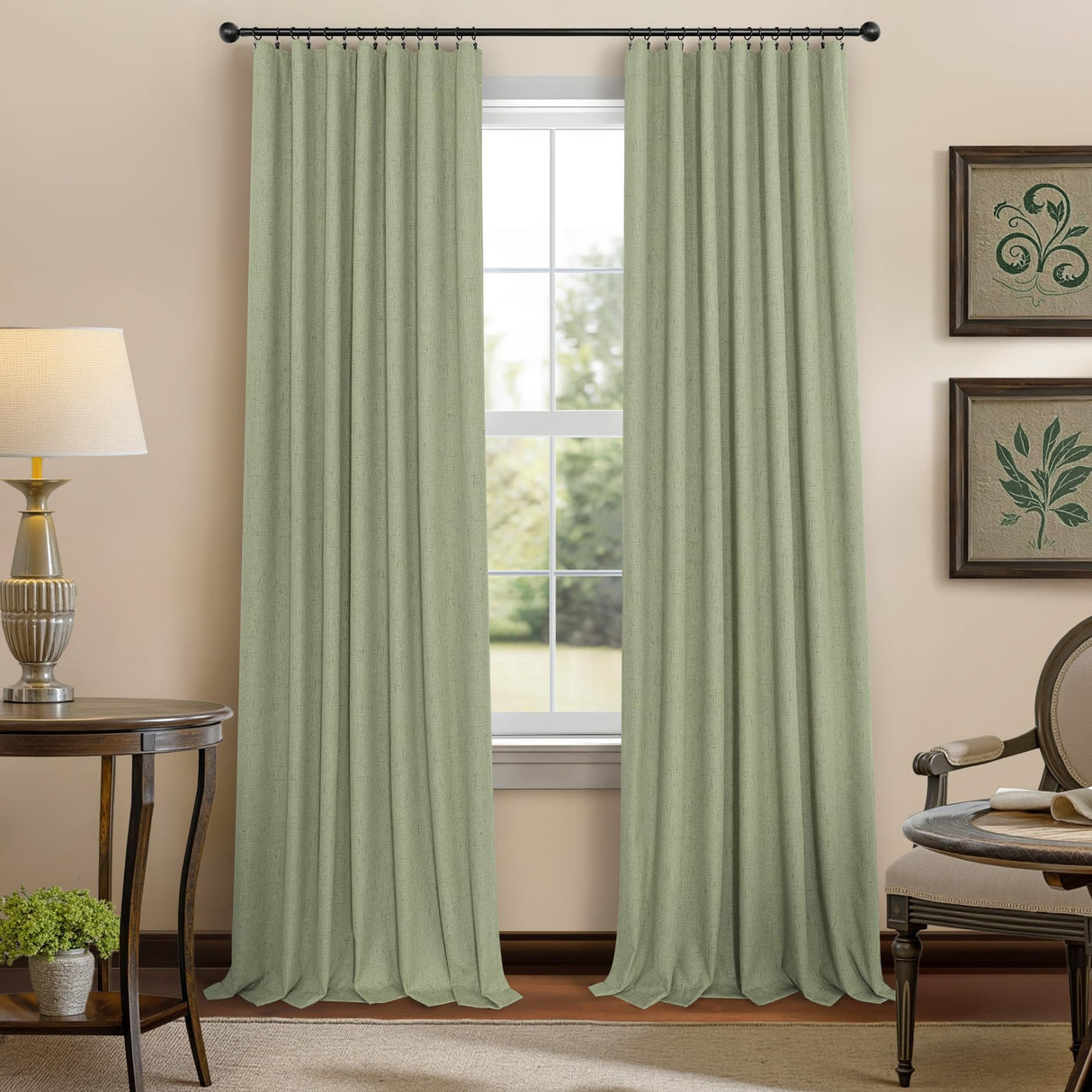 Sage Green Boho Blackout Curtains for Bedroom Window 84 Inch Length 2 Panels Set Linen Textured Thermal Insulated Dark Out Room Darkening Light Sage Curtain Drapes for Living Room 52x84 Long Christmas