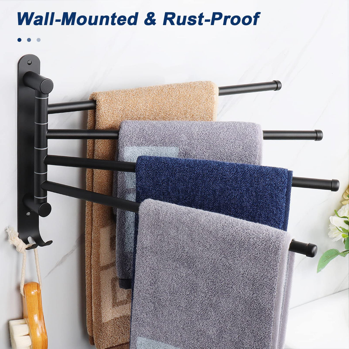 NearMoon Swivel Towel Rack, 13.8" Thicken 304 Stainless Steel 4-Arm Towel Bar, Space Saving Wall Mounted Towel Holder with Hook, Rustproof Swing Out Towel Hanger for Bathroom, Kitchen (Matte Black)