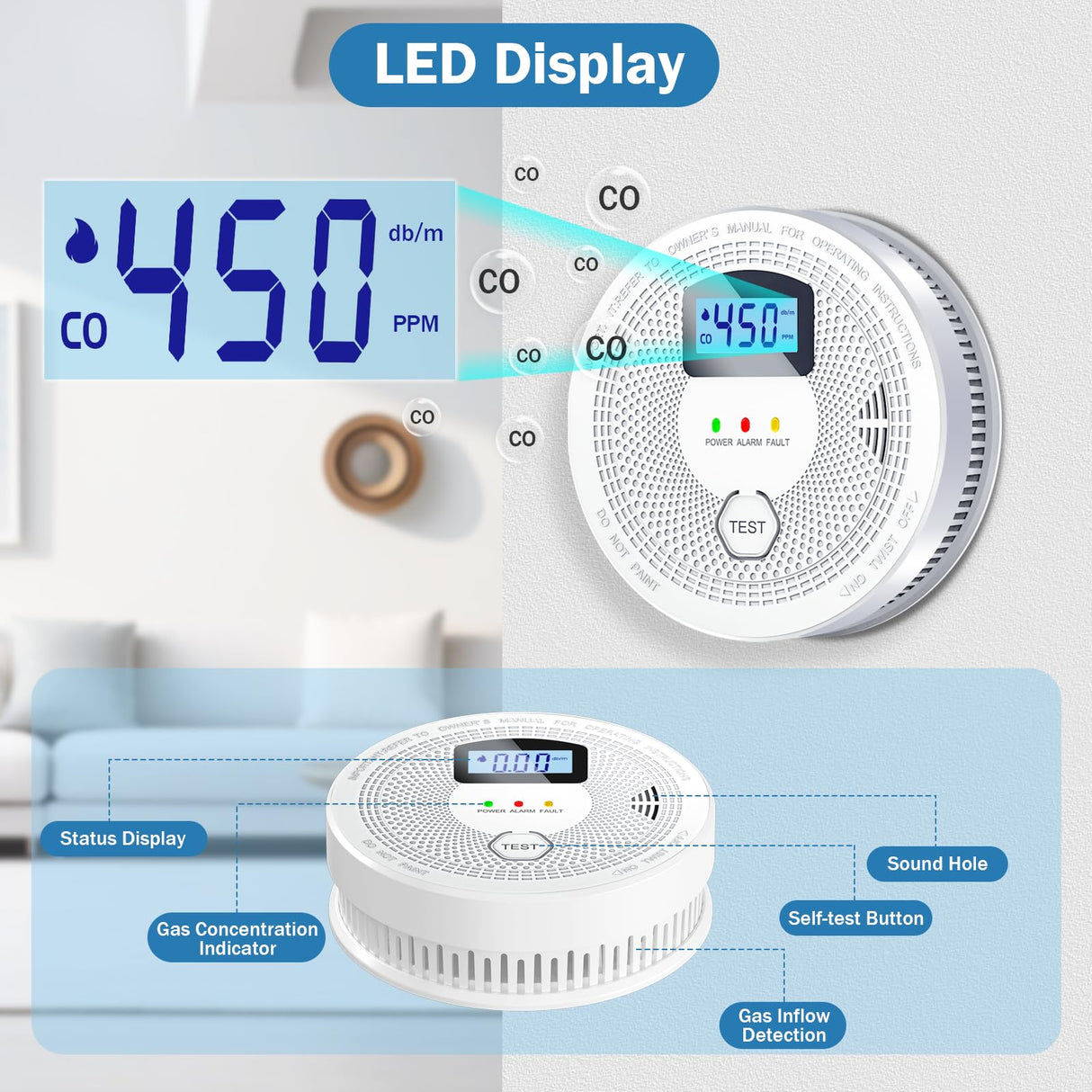 Smoke Detector and Carbon Monoxide Detector Combo with LED Indicators, 2 in 1 CO & Smoke Alarm, Battery Operated Smoke and Carbon Monoxide detectors 1-Pack