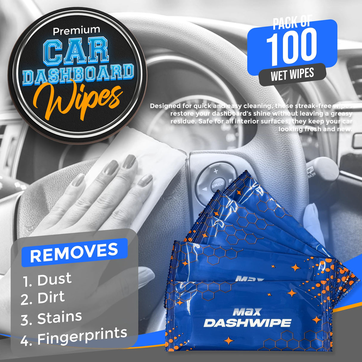 MAX MANUFACTURING Car Wash Wipes with Refreshing Lemon Scent, Pack of 100 Individually Wrapped Wipes, Dashboard Car Accessories Travel Essentials
