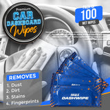 MAX MANUFACTURING Car Wash Wipes with Refreshing Lemon Scent, Pack of 100 Individually Wrapped Wipes, Dashboard Car Accessories Travel Essentials