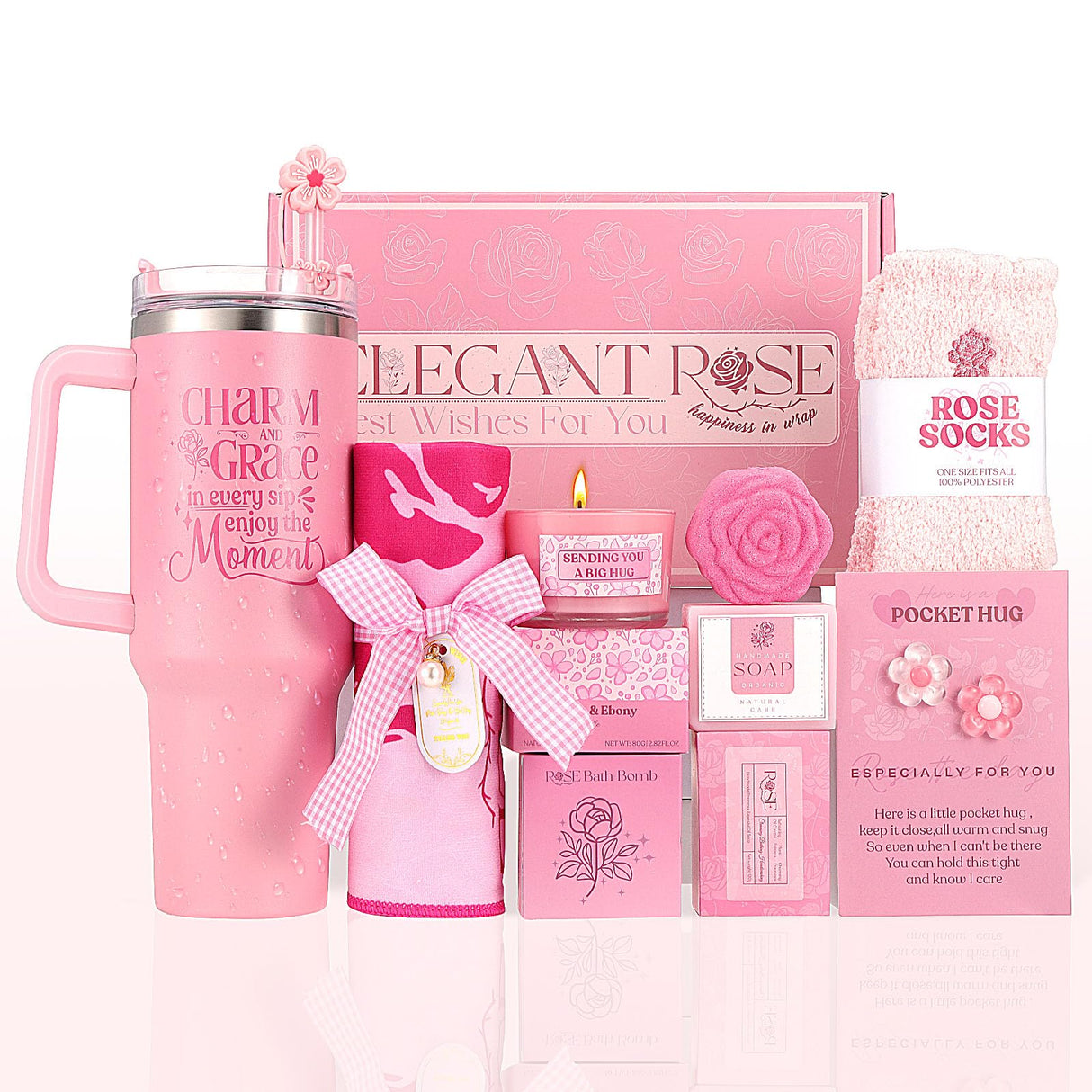 Birthday Gifts for Women Self Care Gift - Get Well Soon Gift Christmas Gifts - Rose Relaxing Spa Gift Basket Self Care Package for Women,Best Friend,Girlfriend,Wife,Mom,Sister,Her w/ Insulated Tumbler