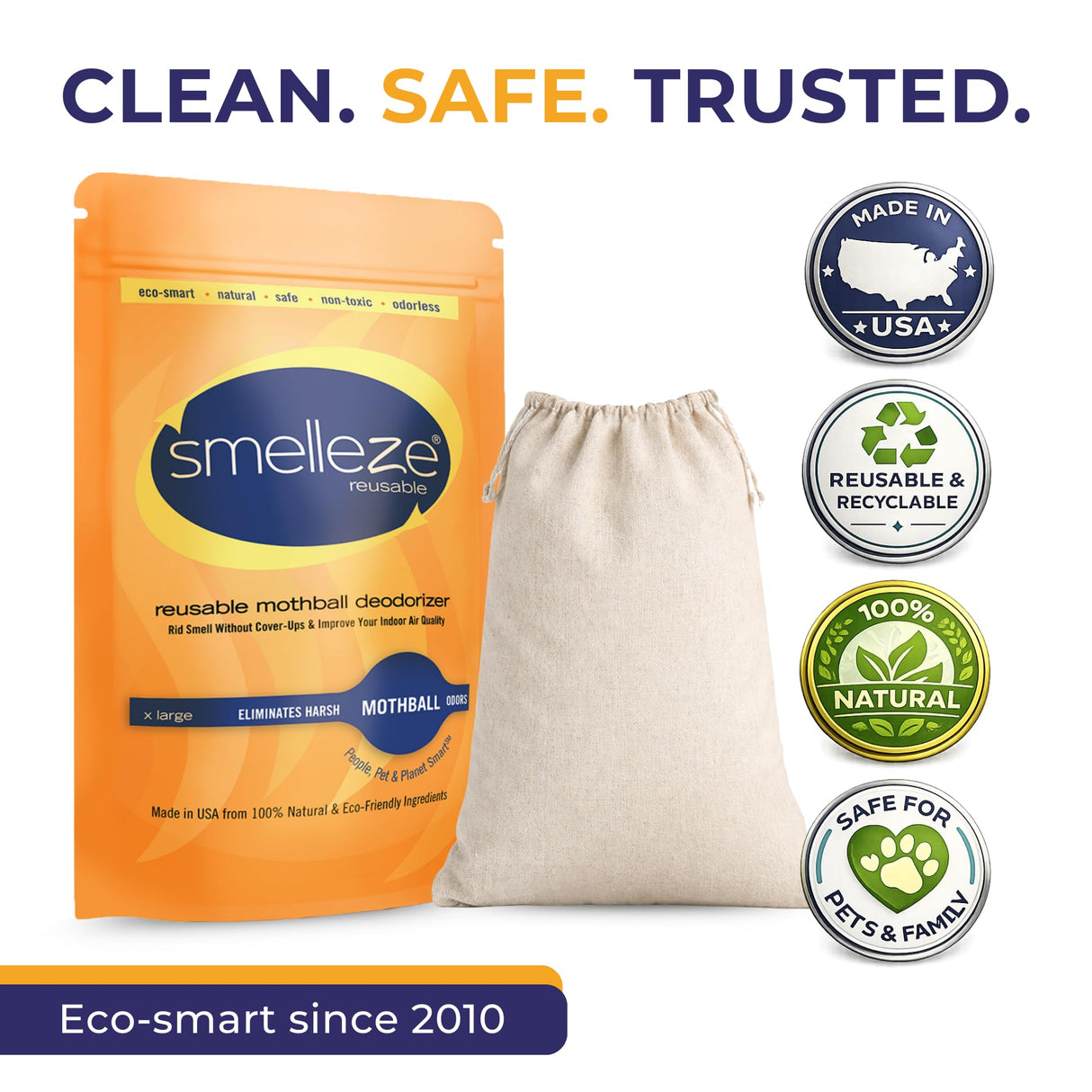 SMELLEZE Natural Mothball Smell Remover Pouch - Reusable Odor Eliminator for Closets, Basements, Furniture & Drawers - Eco-Friendly Formula - Unscented & Safe - Covers 375 sq. ft.