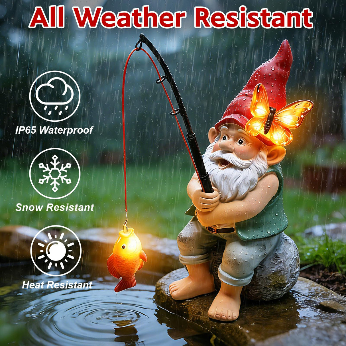 Solar Garden Gnome Statues, Outdoor Fishing Gnome with Butterfly Solar Lights Waterproof, Birthday Gifts for Mom Women Mother's Day, Garden Figurines for Yard Decor Patio Porch Lawn Ornaments