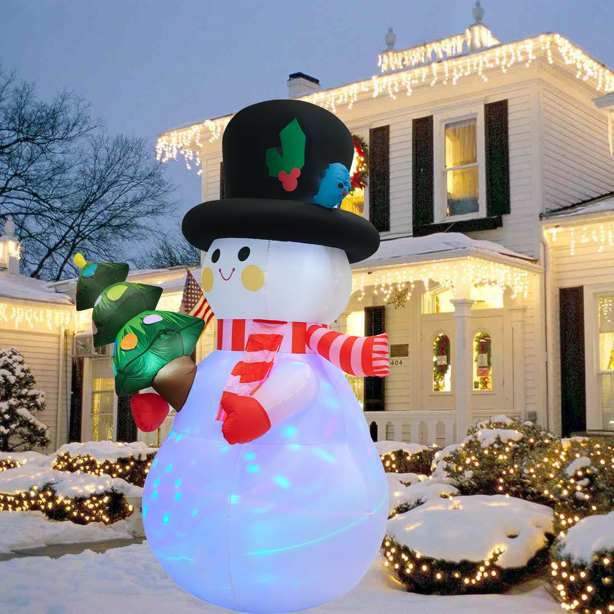 SRKLH 8 FT Christmas Inflatables Snowman Yard Decoration, Blow Up Snowman with Christmas Tree Outdoor Decoration with Rotating LED Lights for Holiday Party Garden Lawn Decor, Xmas New Year Kids Gifts