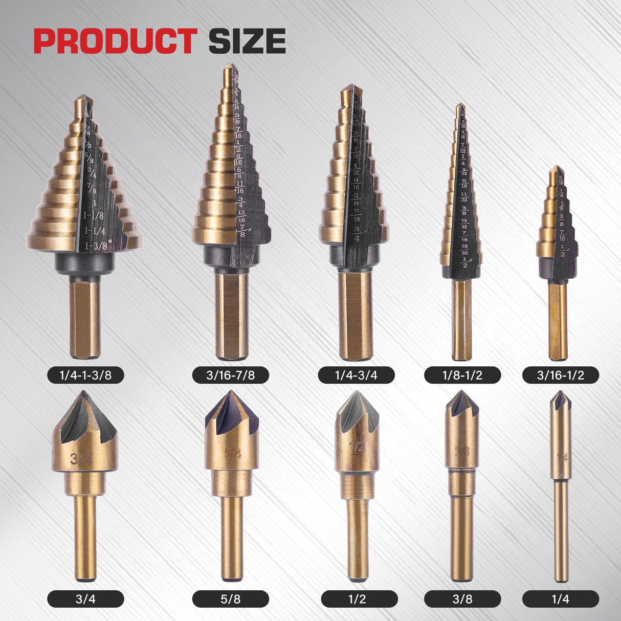 5Pcs Step Drill Bit & 5Pcs Countersink Drill Bit Set, Titanium Coated, HSS Step Bit, 50 Sizes of Step Bit for Metal with Aluminum Case, Multiple Hole Stepped Up Bits for DIY