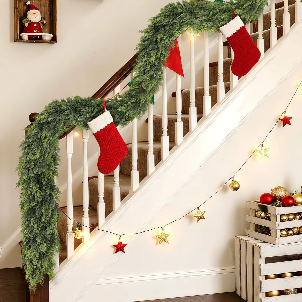 Christmas Cedar Garland - 9ft Artificial Cedar Garland Faux Lush Green Fake Pine Needles for Fireplace,Table,Window,Stairs,Mante,Holiday Indoor Outdoor Xmas Decor(2PCS)