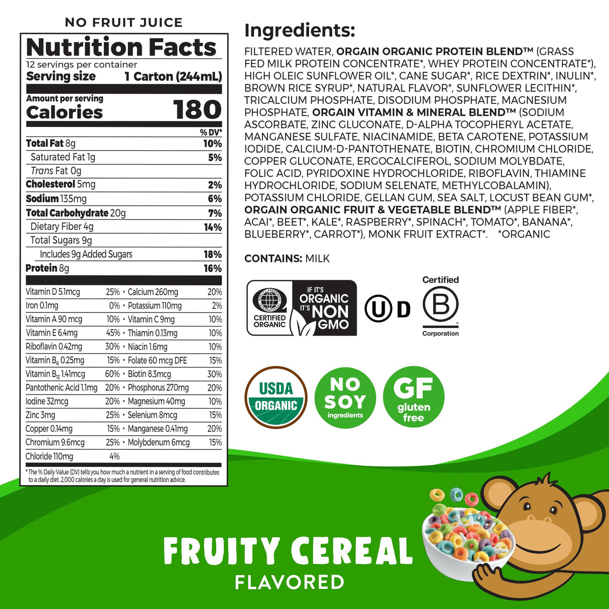 Orgain Organic Kids Nutritional Protein Shake, Fruity Cereal - Kids Snacks with 8g Dairy Protein, 22 Vitamins & Minerals, Fruits & Vegetables, Gluten Free, Soy Free, Non-GMO, 8.25 Fl Oz (Pack of 12)