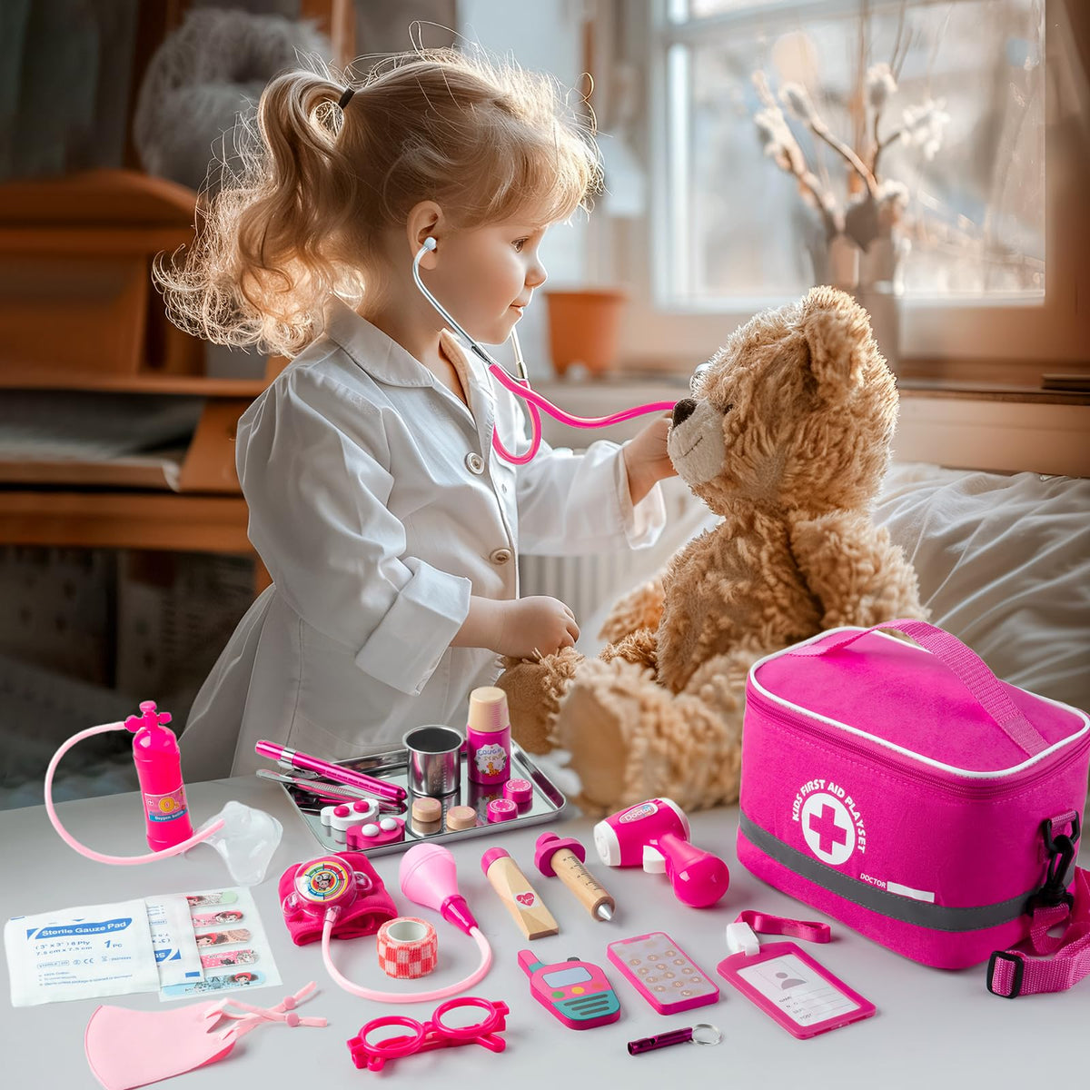 EFO SHM Doctor Kit for Kids Girls, 34 Pcs Kids Doctor Kit for Toddlers 3-5 with Medical Storage Bag & Real Stethoscope, Pretend Play Set for Boys Girls Fun Role Playing Game
