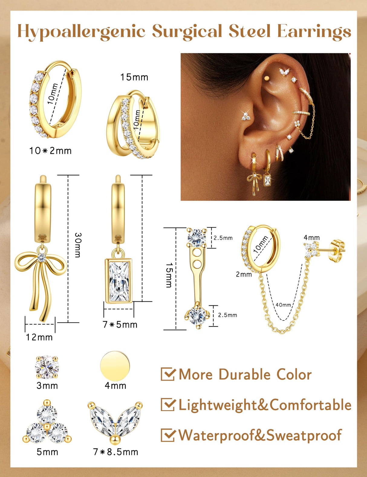 ORAZIO Small Hoop Stud Earrings Stacks for Women Gold Plated Huggie Hoops