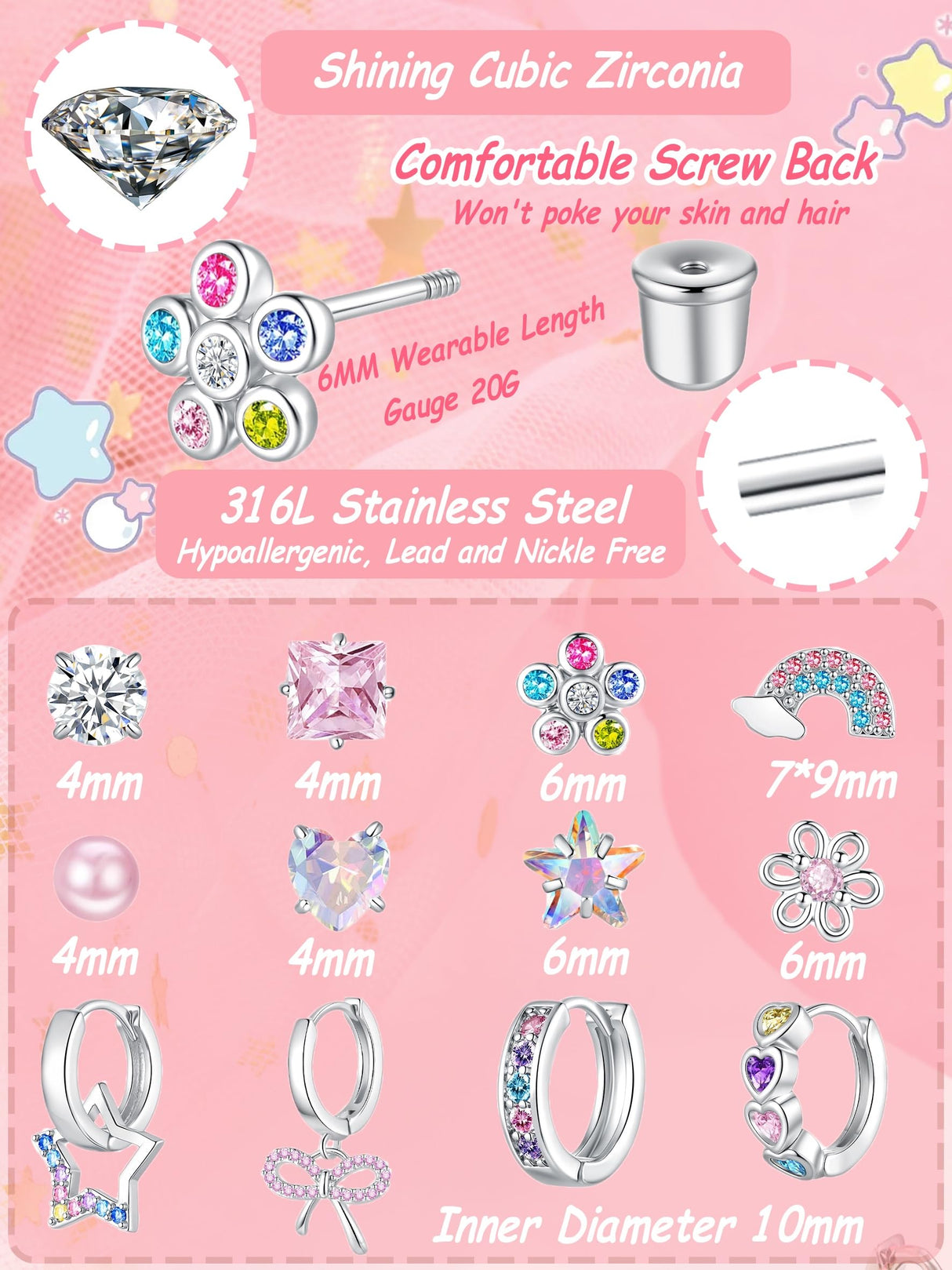 Hypoallergenic Screw Back Earrings for Women Girls Kids Surgical Steel Earrings for Sensitive Ears Cute Heart CZ Flower Butterfly Toddler Girl Earrings Screwback Studs Hoops, Star Age：overyears 4 old