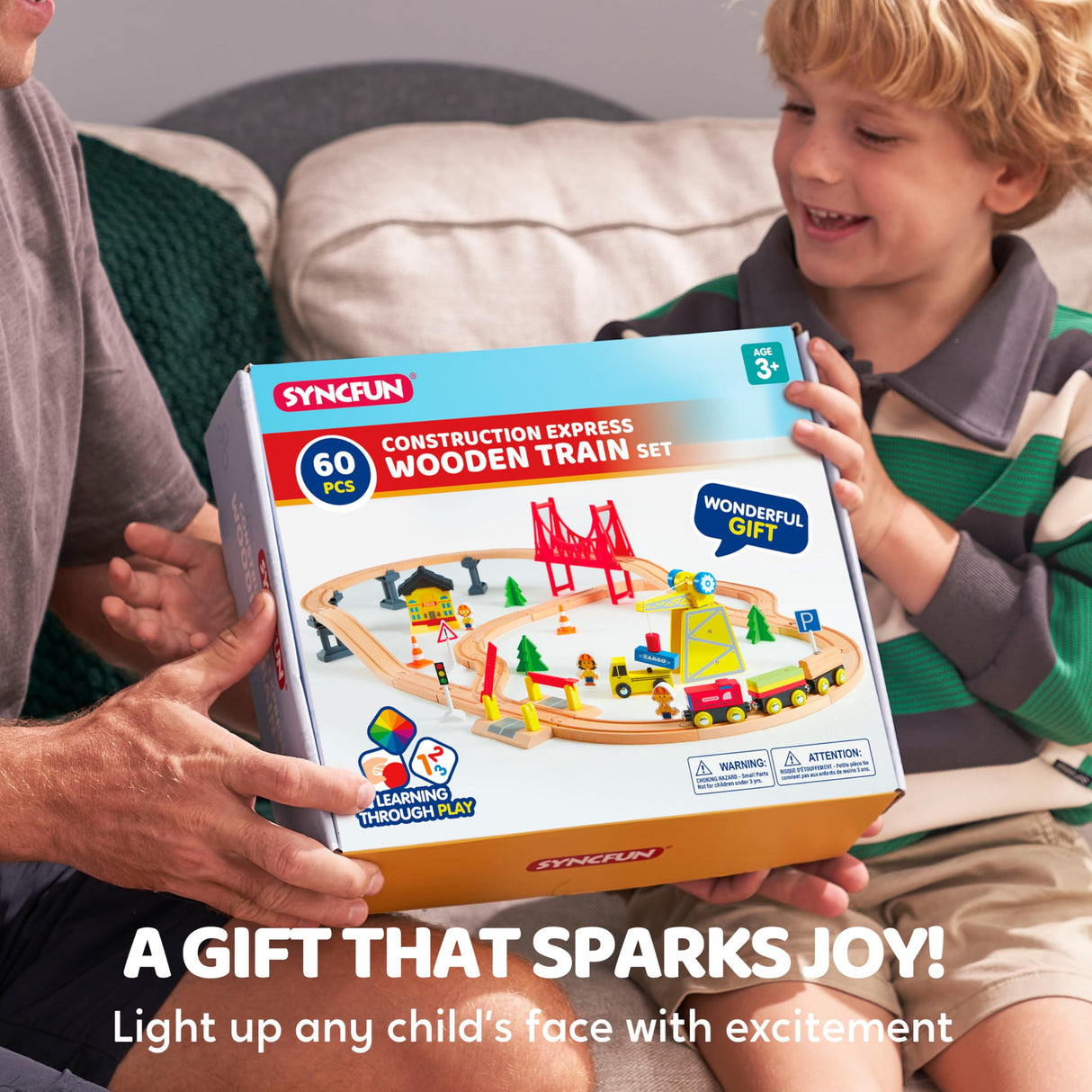 60PCS Wooden Train Set - Toy Magnetic Trains with Wooden Track Set for Kids Ages 3-8, Construction Crane Railway Set, Perfect Christmas Birthday Gift for Grandkids Toddlers Boys Girls