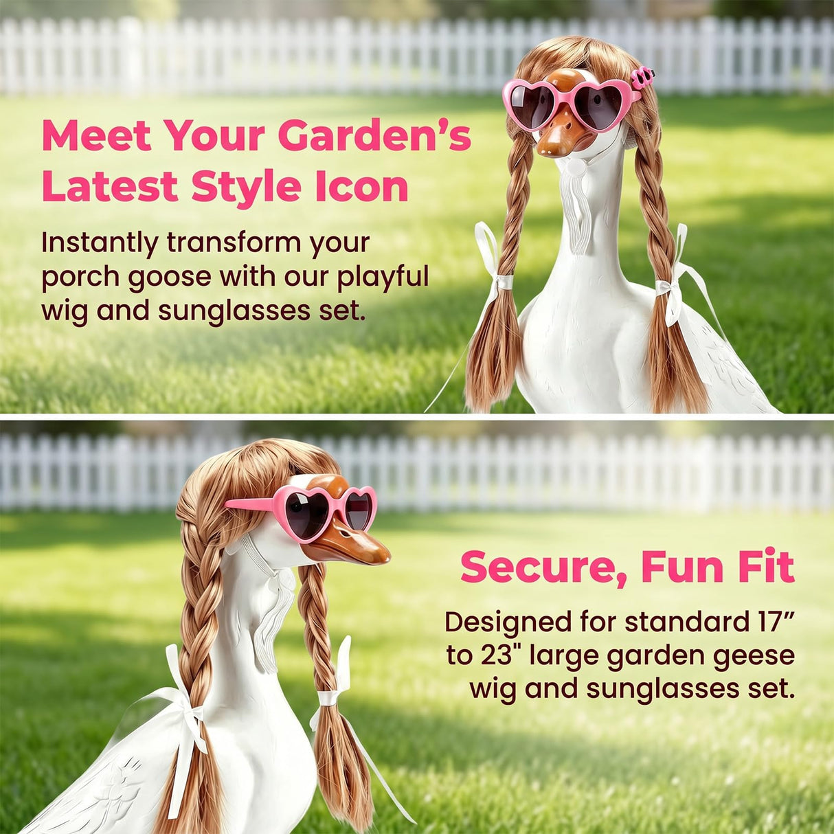 YFFSQXH 3 Styles Porch Goose Wig Set with Heart Sunglasses & Hair Clips - Themed Braid Wig Set (9 Pieces Total) for 17/23 Inch Lawn Goose Statue, Adjustable Outdoor Garden Decor