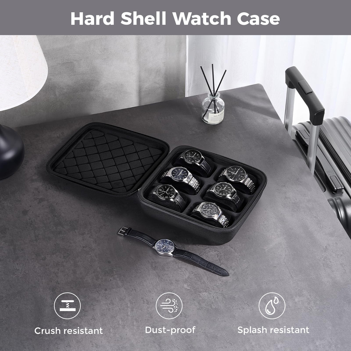 ProCase 6-Slot Travel Watch Case for Men, Hard Shell Storage Box -Black
