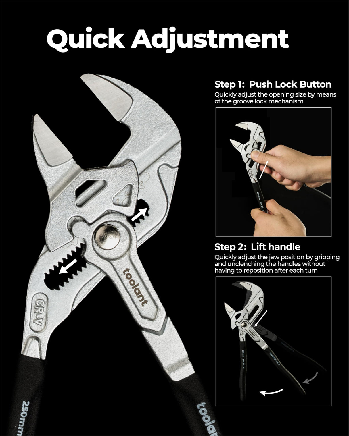 toolant 10-Inch Chrome Plated Pliers Wrench, CR-V Adjustable Wrench with Anti-Rust Coating, Smooth Parallel Jaws, Comfort Grip and Storage Pouch for Home Repair, Plumbing, Nuts, Water Pipes