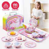 JOYIN Unicorn Tea Party Set for Little Girls, Pretend Pink Tin Teapot Set, Princess Tea Time Play Kitchen Toy with Teapot, Cup, Plate, Carrying Case for Kids Toddlers Age 3 4 5 6, Gift for Christmas