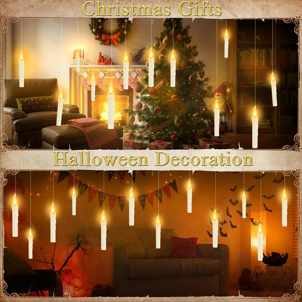 YMXHK Halloween Decorations - Floating Candles with Wand, 12 Pcs Flameless Candles with Warm Light Flickering, Witch Wizard Christmas Decor for Indoor Home Room Classroom Bedroom Birthday Party