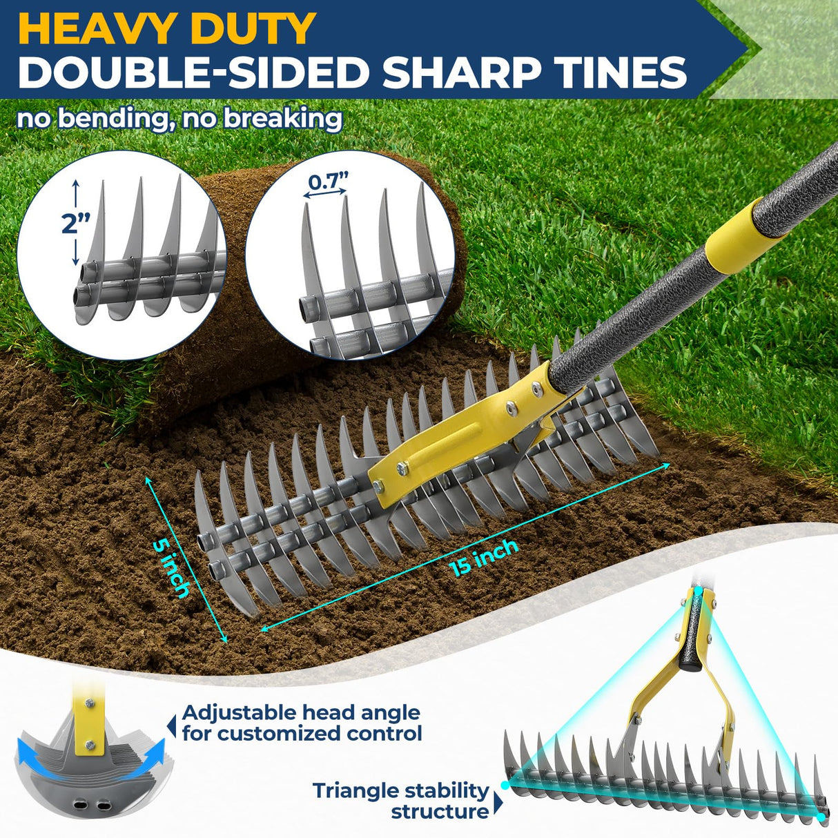 Rake, 70" Heavy Duty Metal Dethatcher Rake with 15" Wide Double-Edged Sharp Tines Thatch Rakes for Lawns,Mulch Dead Grass Removal, Loosening Soil,Lawn Care, Dethatching,Yard,Garden