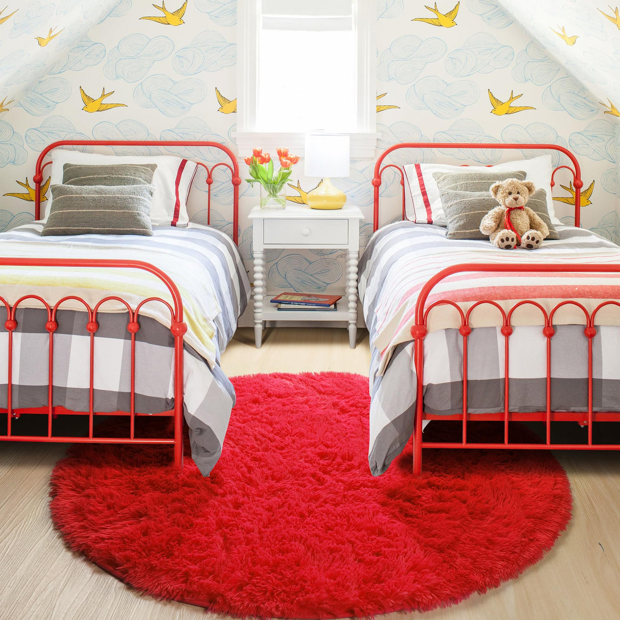 Red Round Rug 4Ft for Bedroom, Fluffy Shag Circle Area Rugs for Kids Room Decor Aesthetic, Fuzzy Plush Fur Carpets for Living Room Nursery Dorm Classroom, Red Carpet, Christmas Rugs for Teen Boys