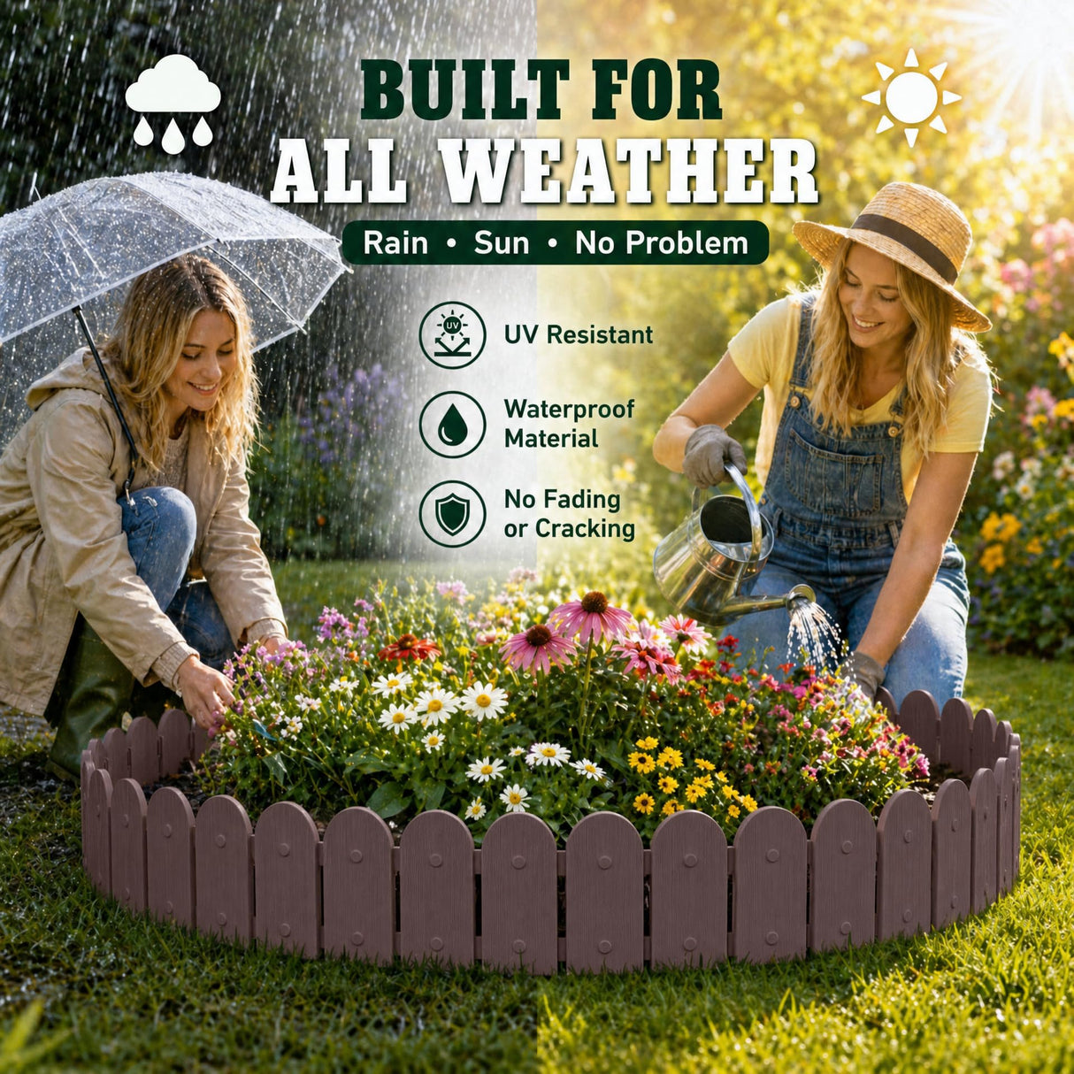 Evelyne Garden Border Plastic Edging: Wooden Fence Design - 16pcs Brown Yard Landscaping Fence Liner Lawn Edge Barrier - 20ft Kit of Decorative Lawn Panels Elements -Landscaping Edging-GMT-10374-A16