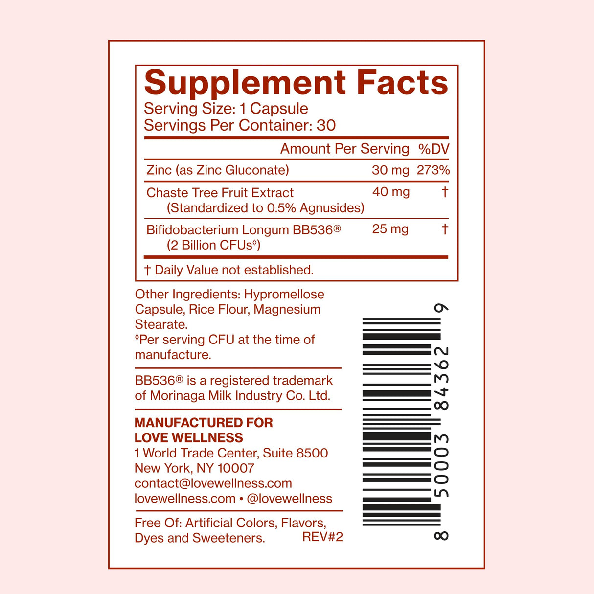 Love Wellness Clear Skin Probiotic | Clear Up Hormonal Acne Pimples, Redness & Pore Minimizer | Skin Care with Zinc, Bifidobacterium Longum & Chaste Tree Fruit Extract | Acne Treatment | 30 Count