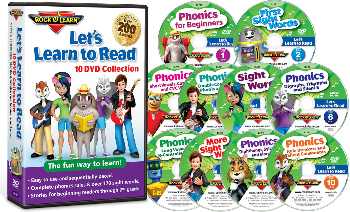 Let’s Learn to Read 10 DVD Collection by Rock ‘N Learn (170 sight words, covers all phonics rules, vowels, consonants, blends, digraphs, practice sections to build reading fluency, 80 downloadable worksheets and more.)