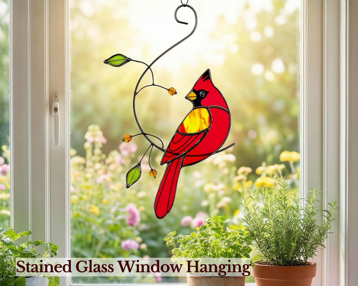 IriCrist Cardinal Stained Glass Sun Catcher Window Hanging - Handmade Memorial Gifts for Grandma, Women, Mothers Day Ornament (Gifts Ready Packaging) - Red Bird Stain Glass Suncatcher Indoor Decor